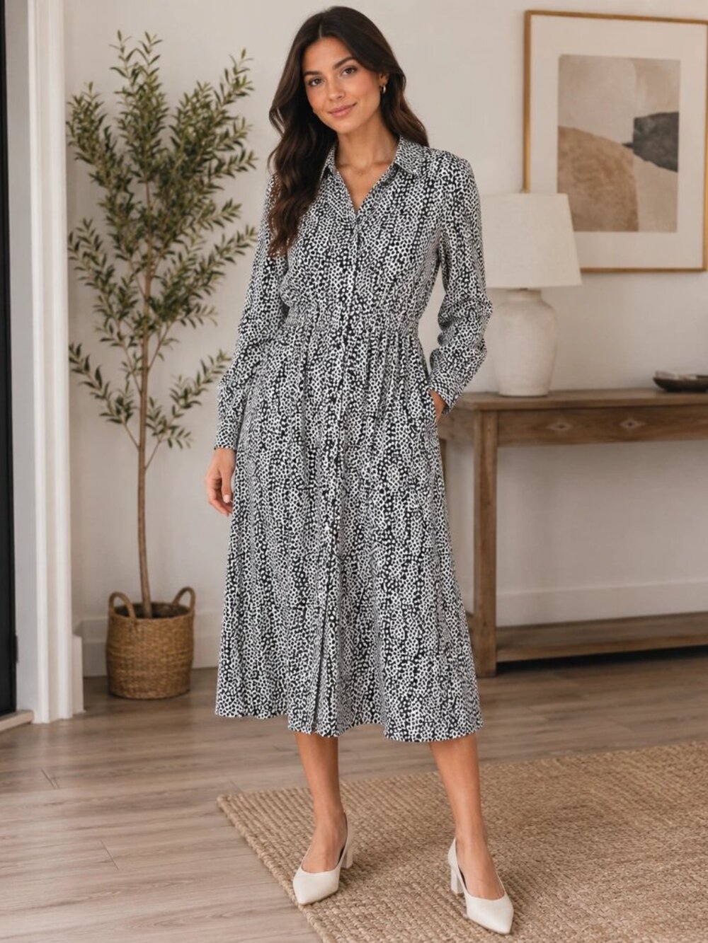 Who What Wear Women's Black White Dot Print Midi Shirtdress-Size Small